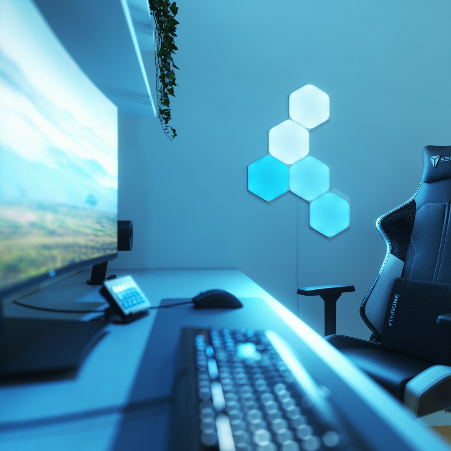 Five Nanoleaf Shapes panels showing blue and white light.