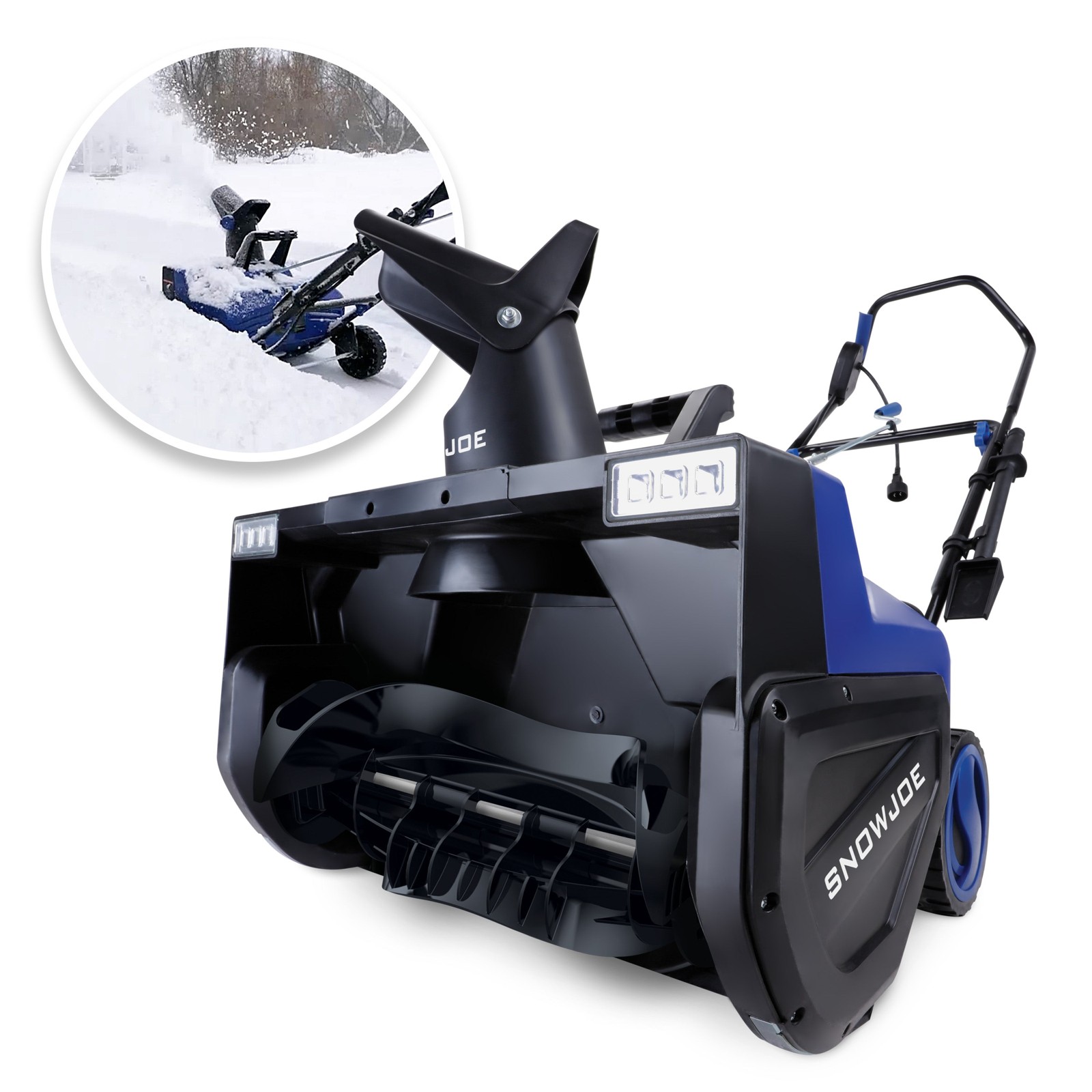 Official Snow Joe SJ627E product image with dual LED lights and a snow-clearing inset