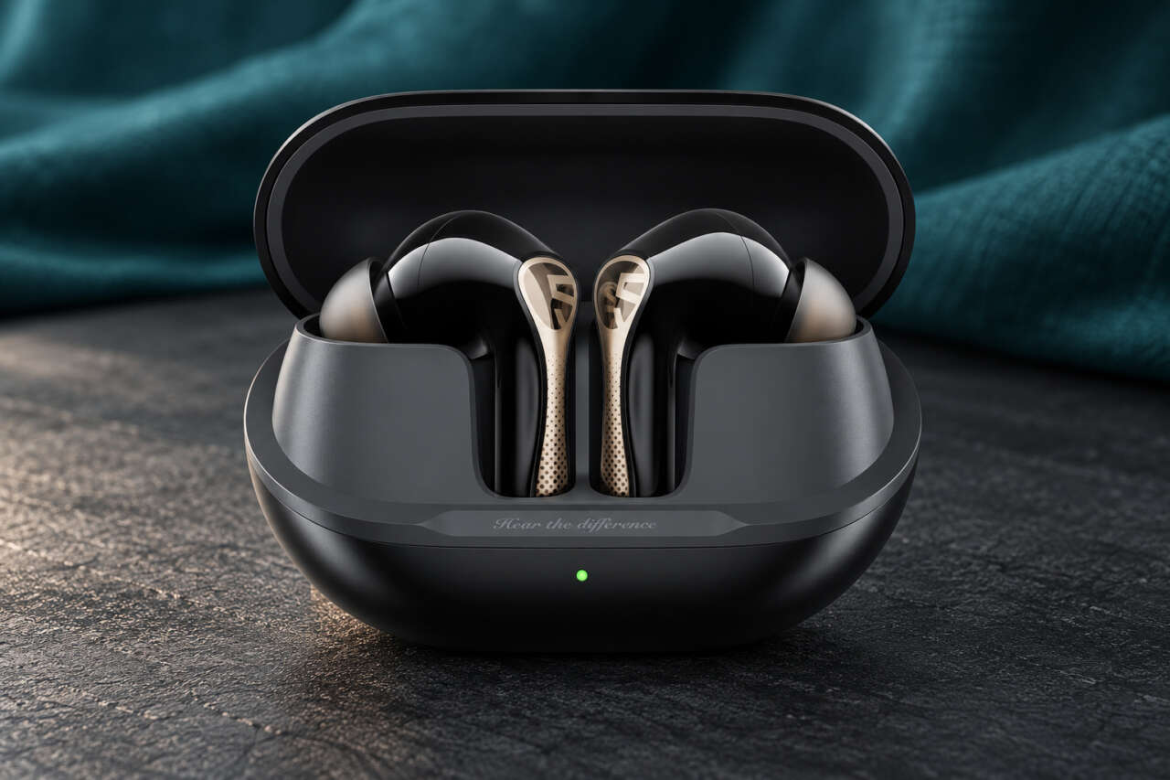 Soundpeats Air5 Pro+ black earbuds in their open charging case