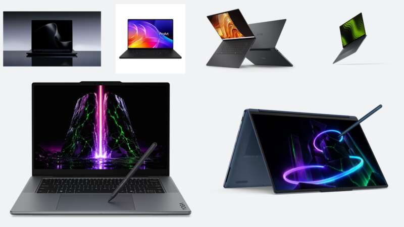 Lenovo Yoga Pro 9n and Yoga 9n 2-in-1 in front of Surface, ASUS ProArt, Dell XPS and HP RTX Spark laptops