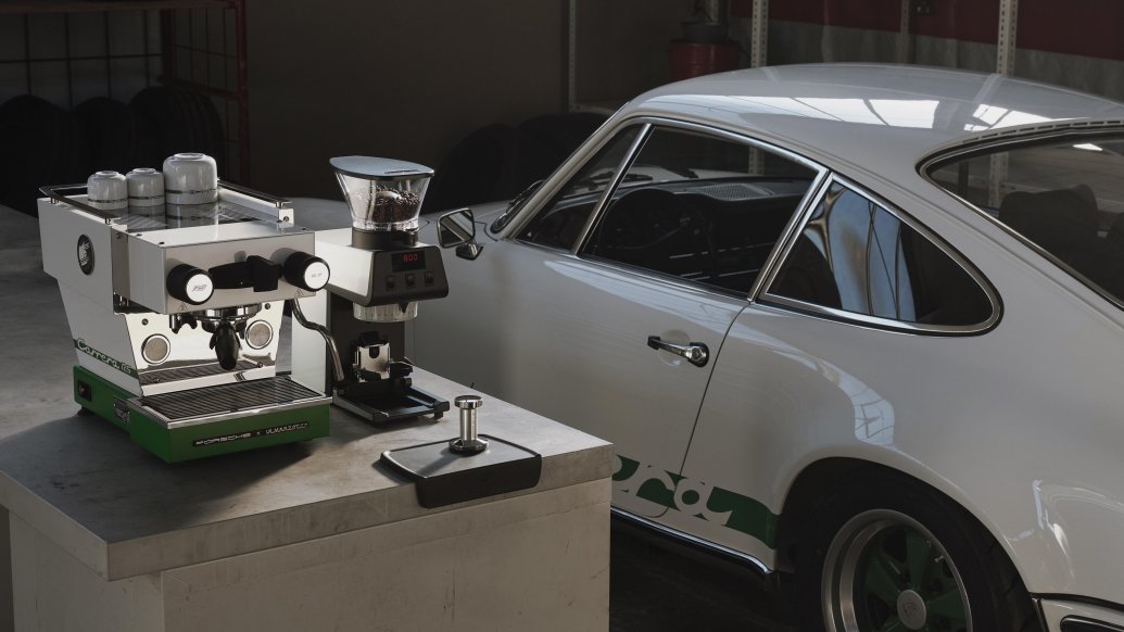 White–Green Porsche La Marzocco Linea Micra and matching Pico grinder