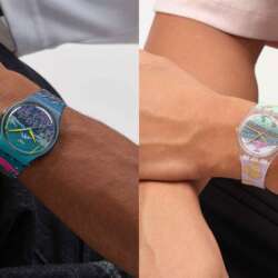 Swatch Expressway to the Future and Bridge to the Past watches shown on wrists
