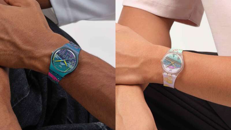 Swatch Expressway to the Future and Bridge to the Past watches shown on wrists