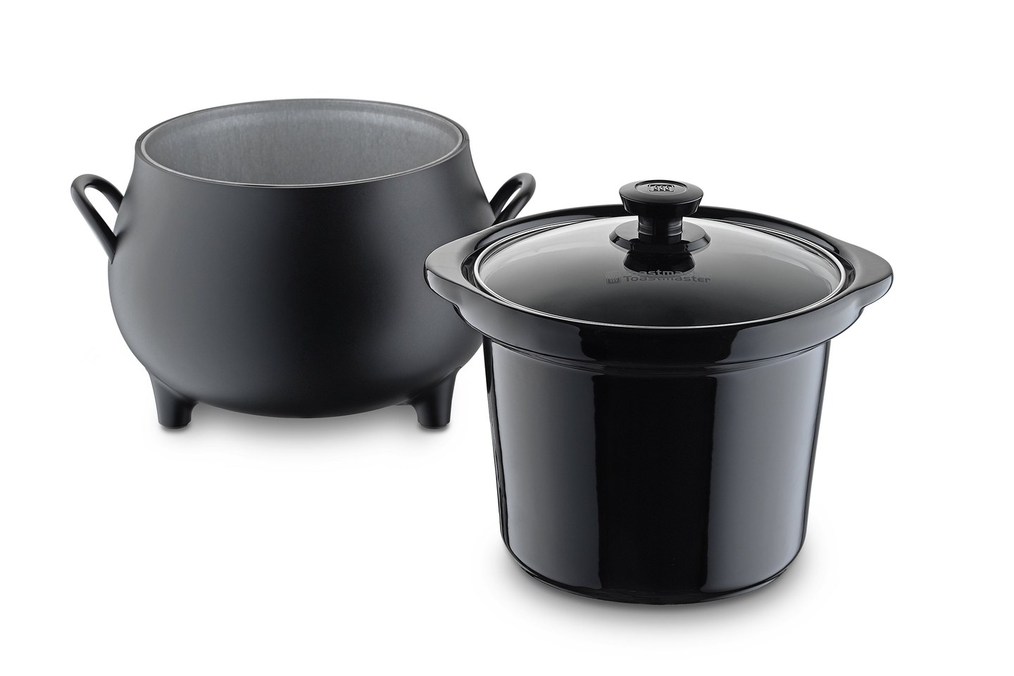 The removable stoneware crock and glass lid separate from the cauldron-shaped housing. Image: Select Brands.