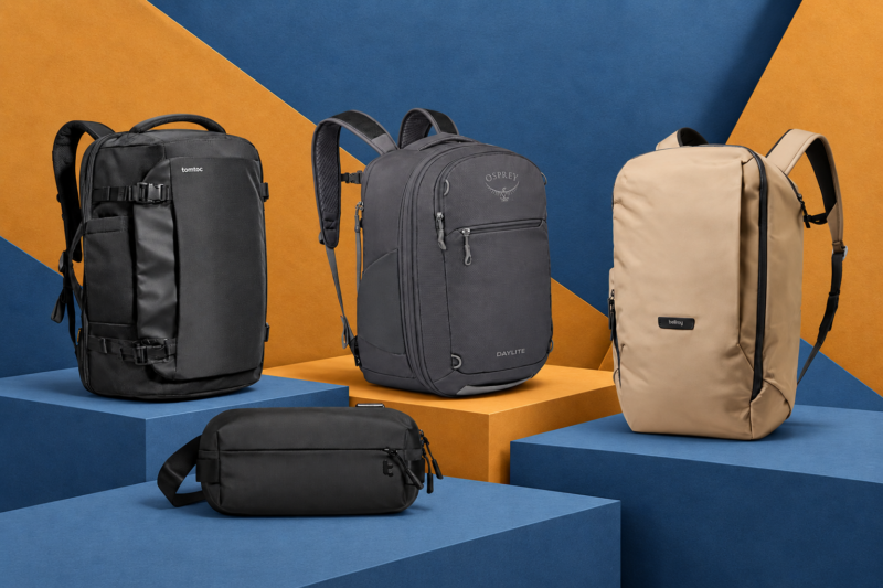Editorial collage of the tomtoc T66, Osprey Daylite 26+6, Bellroy Transit Workpack and tomtoc T21 S