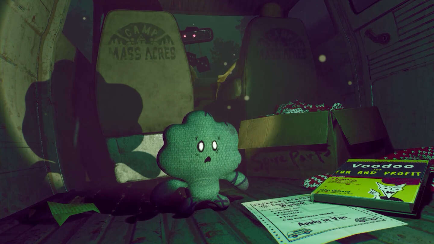 A doll inside the Camp Mass Acres bus. Image: Jackbox Games.