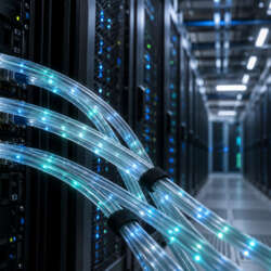 Conceptual illustration of fiber-optic data links connecting generic server racks.