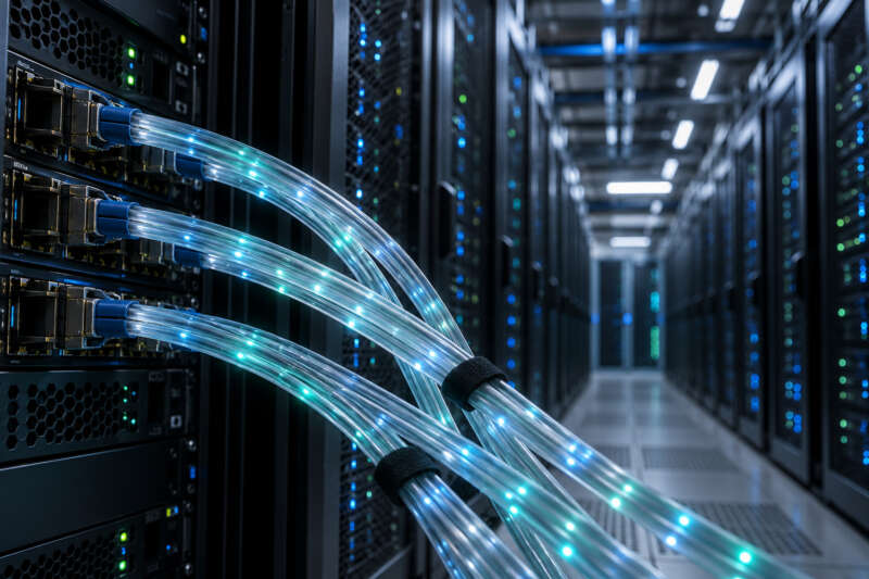 Conceptual illustration of fiber-optic data links connecting generic server racks.