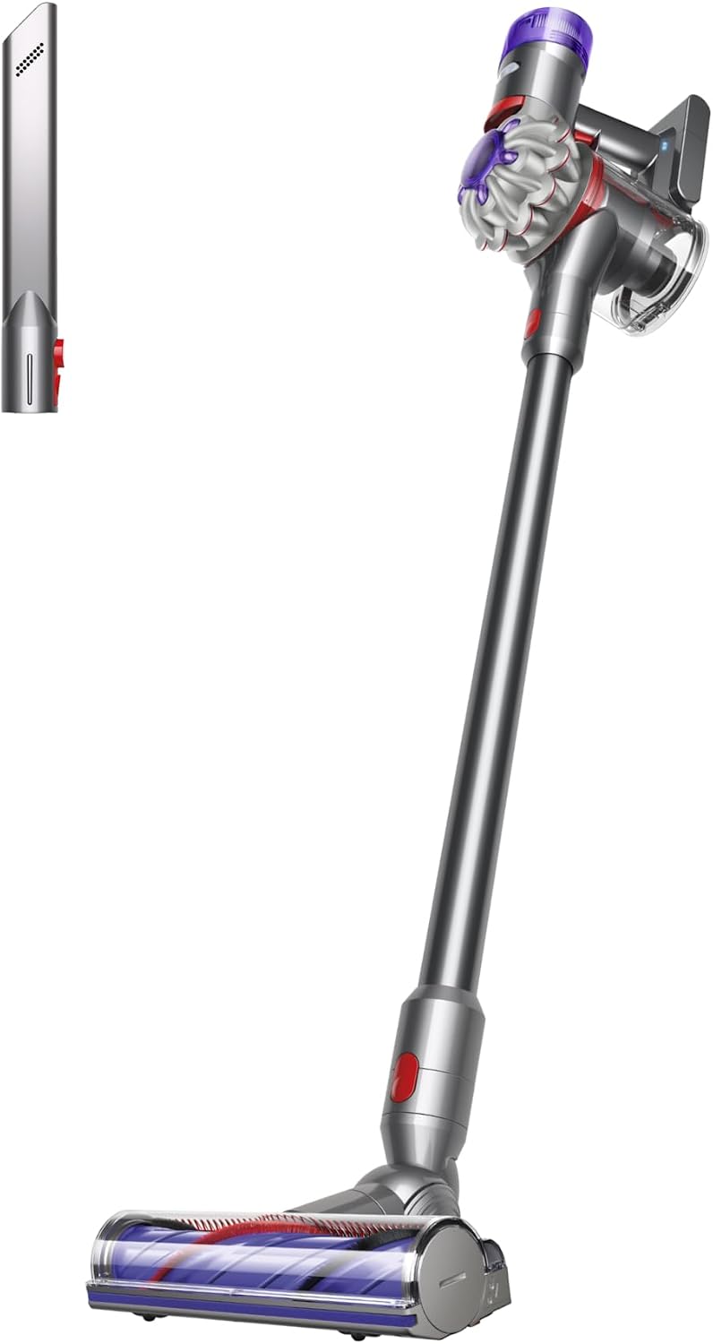 Silver-and-nickel Dyson V8, model 626423-01, with its Motorbar floor head and crevice tool. Image: Dyson.