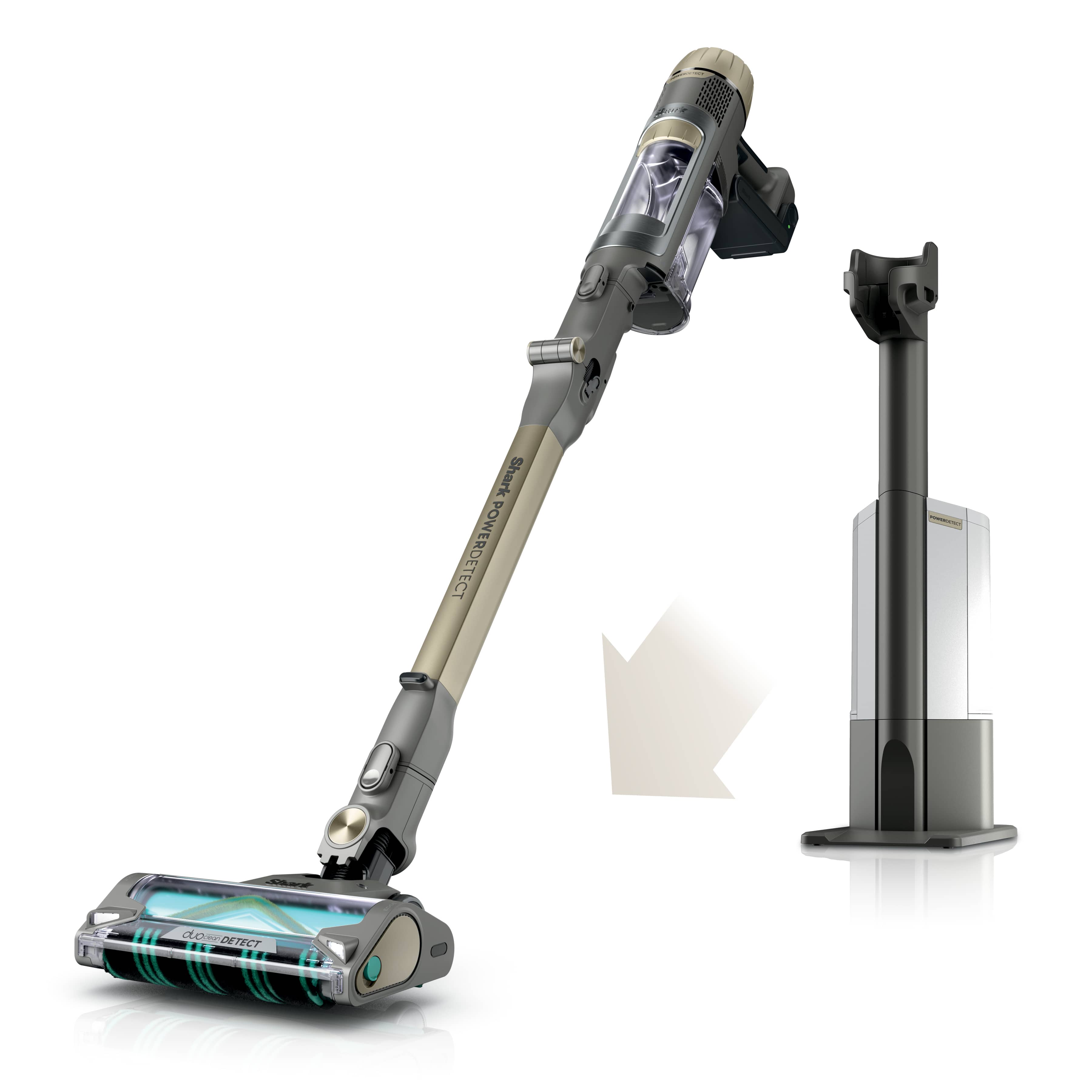 Gray-and-gold Shark PowerDetect Pet Plus IP3253 and its charging and emptying dock. Image: Shark.