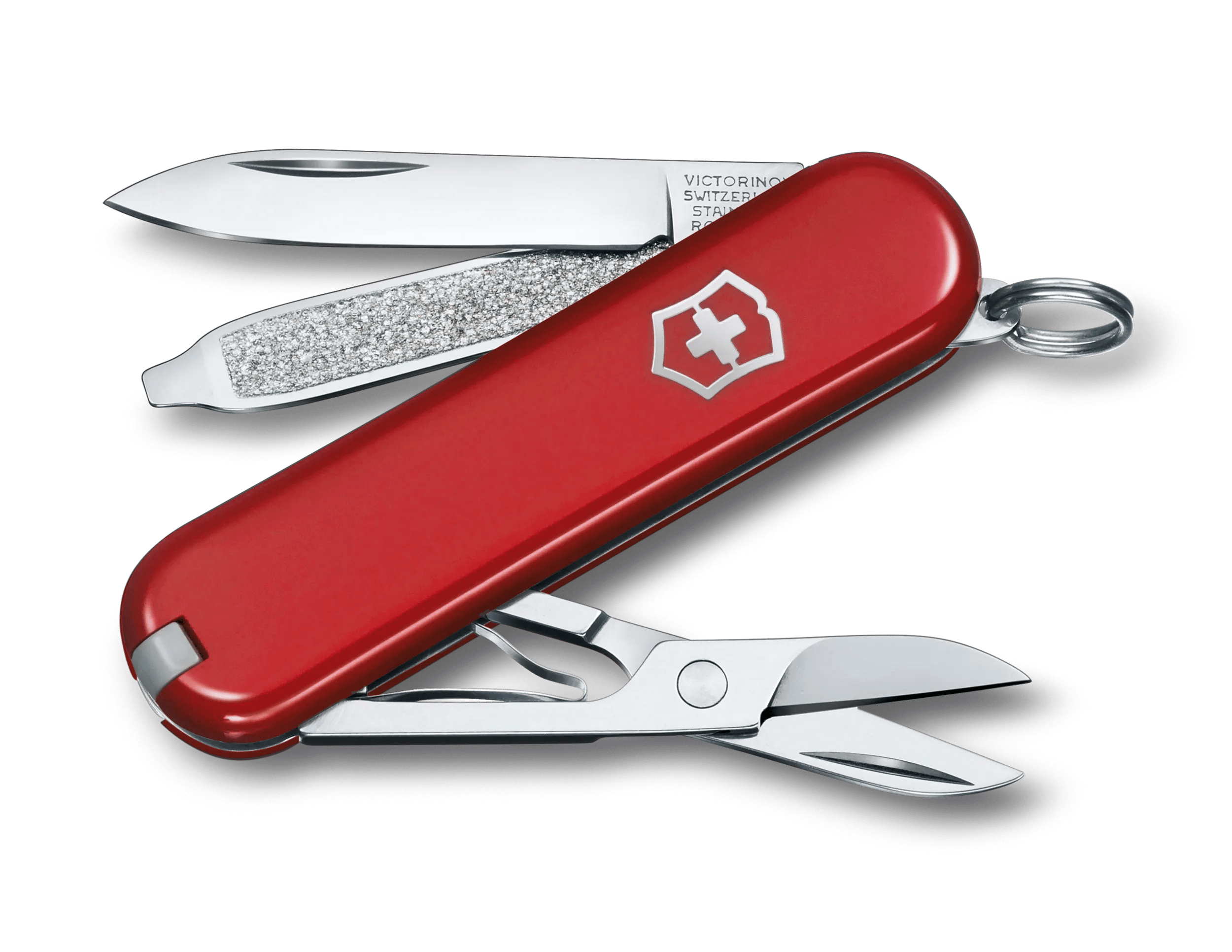 Red Victorinox Classic SD Style Icon 0.6223.G with its small blade, nail file and scissors open.
