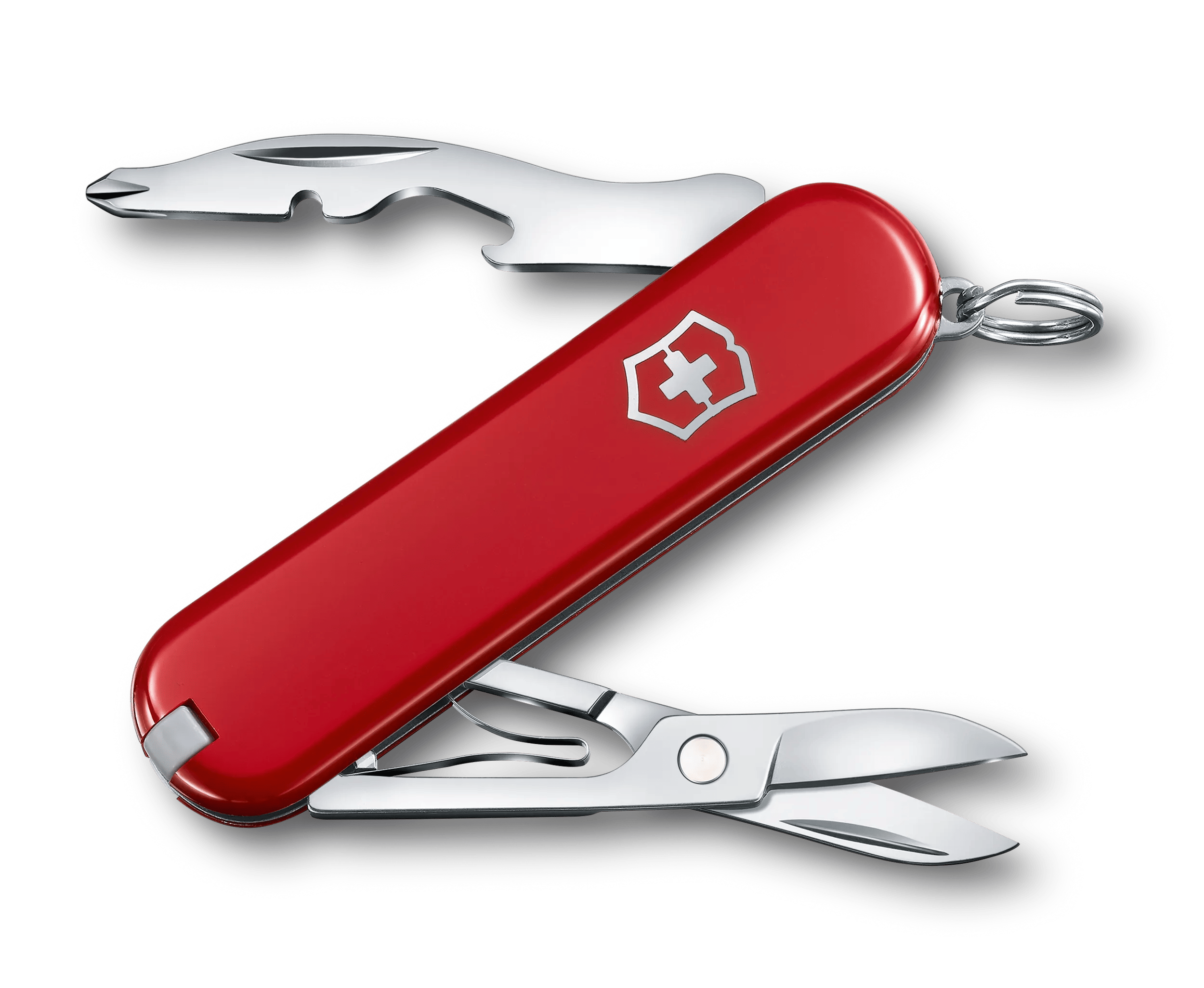 Red Victorinox Jetsetter 0.6263 with its combination tool and scissors open.