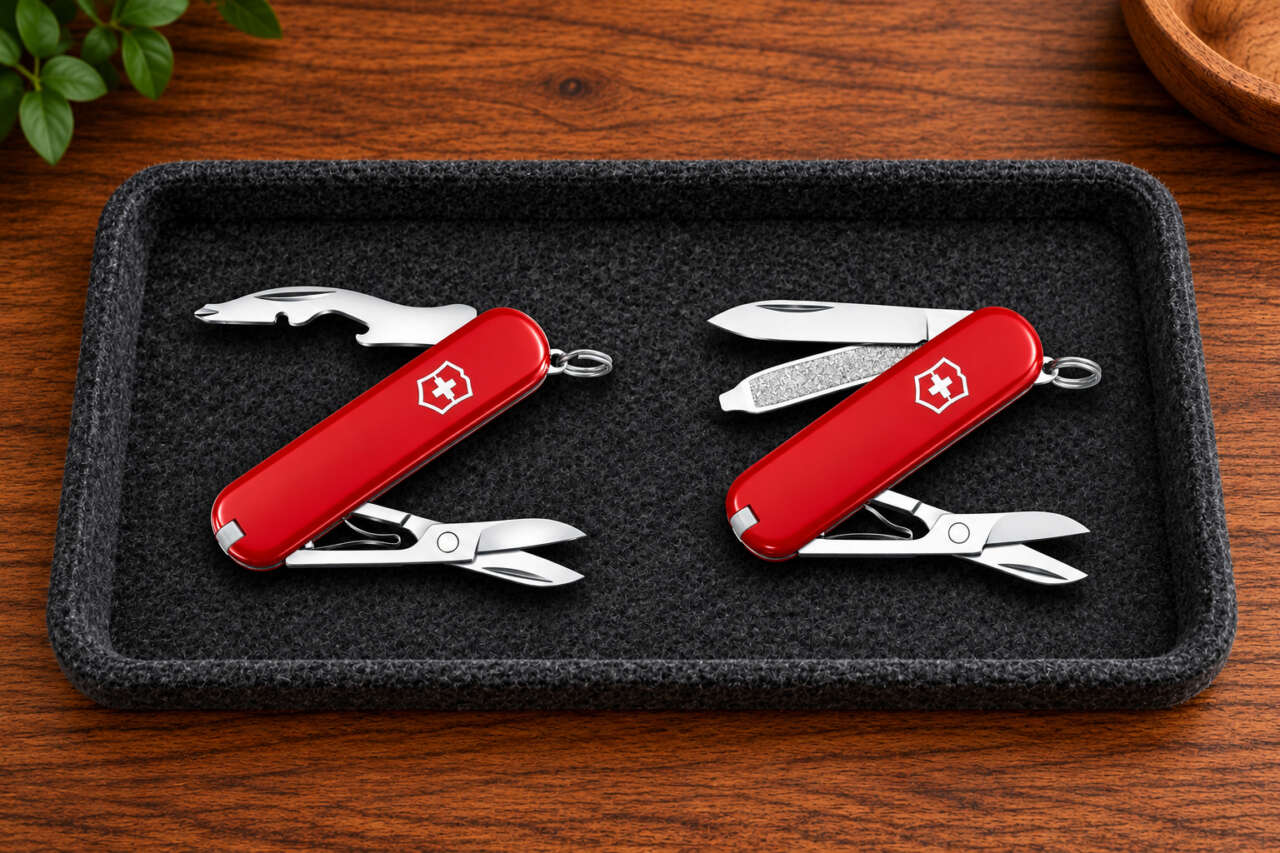 Red Victorinox Jetsetter and Classic SD with their tools open on a dark felt tray.