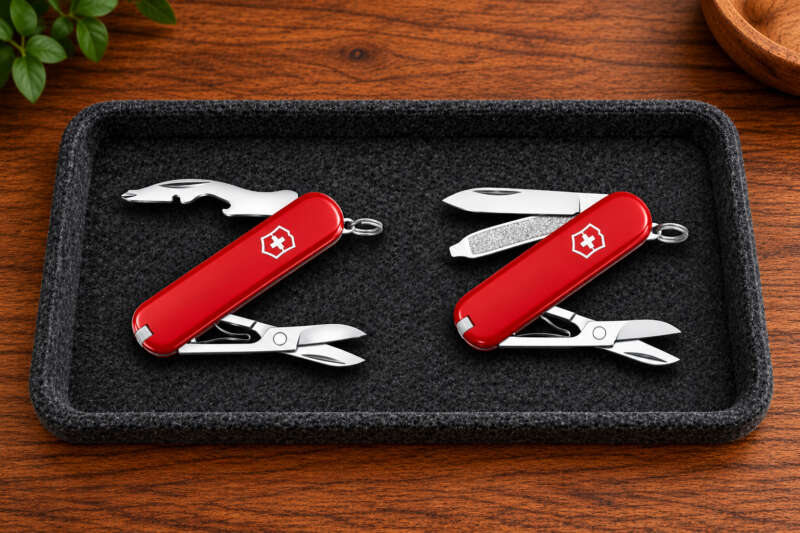 Red Victorinox Jetsetter and Classic SD with their tools open on a dark felt tray.