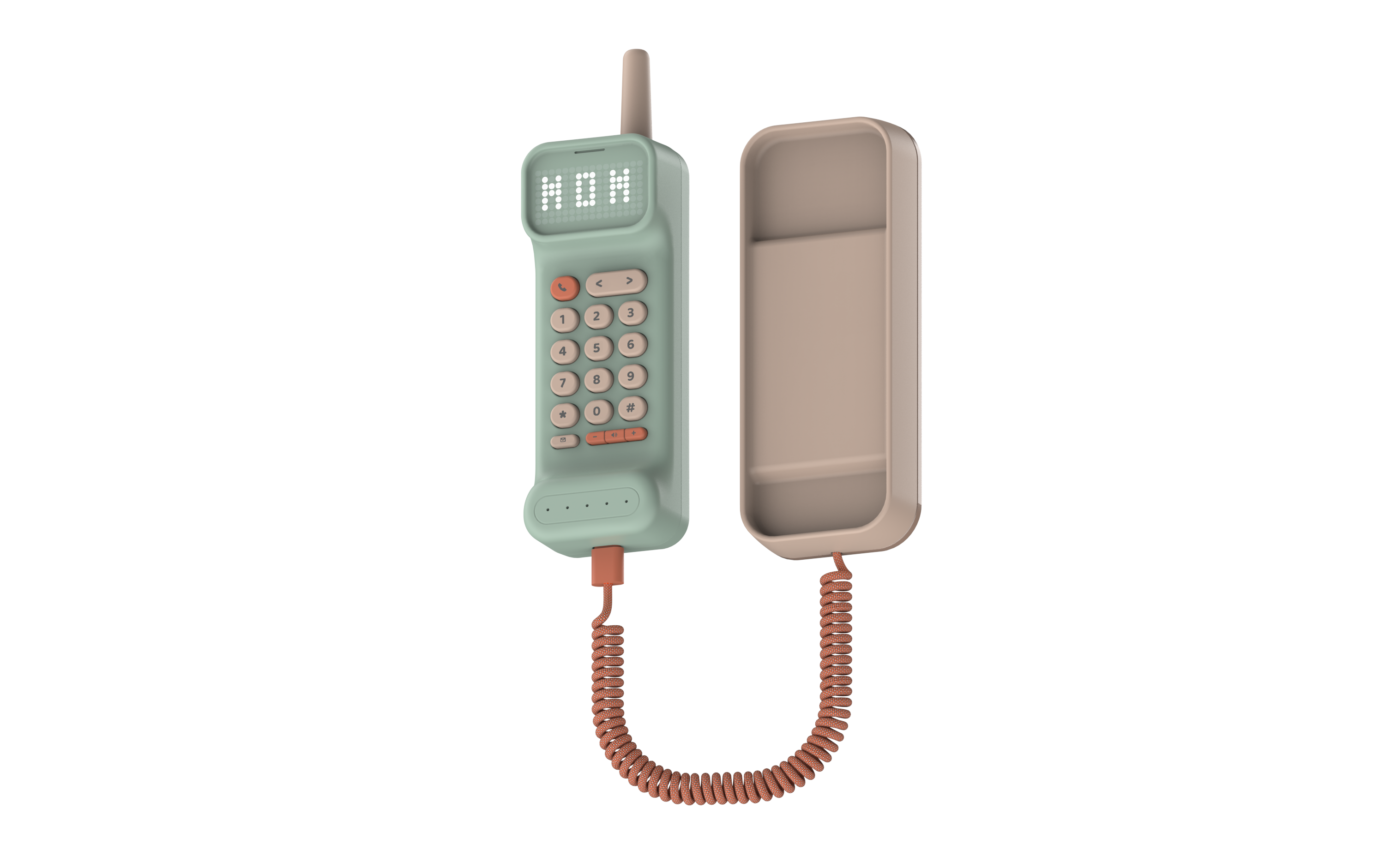Mint Waffle Home handset and beige base connected by an orange coiled cord. Image courtesy of Waffle.