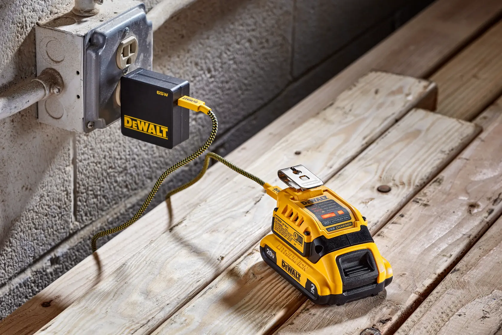 DeWalt USB charger connected to its 65W wall supply