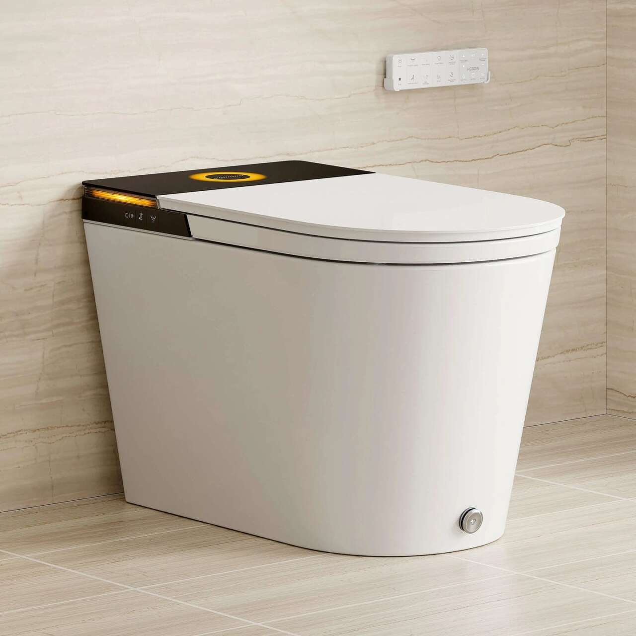 HOROW X70 smart toilet with closed lid, illuminated rear panel and wall-mounted remote