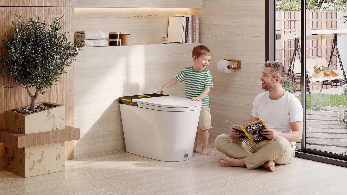 A parent and child beside the HOROW X70 in a bathroom