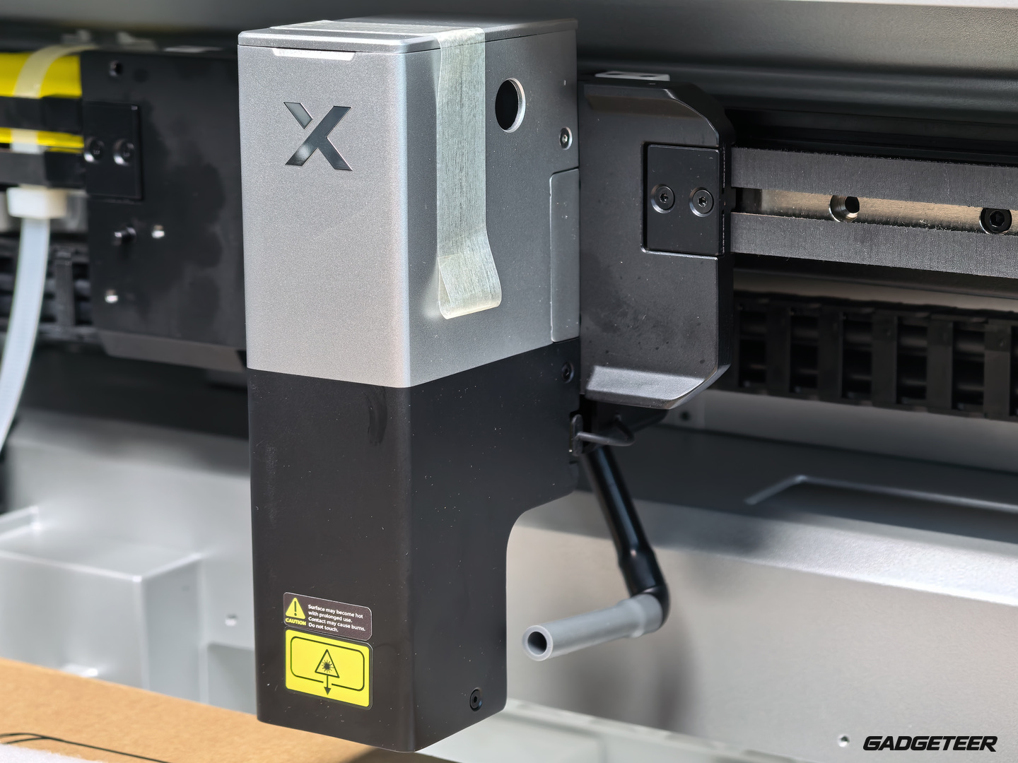 xTool X1 processing head inside the enclosure
