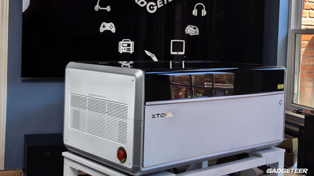 xTool X1 laser workstation on its stand in the Gadgeteer studio