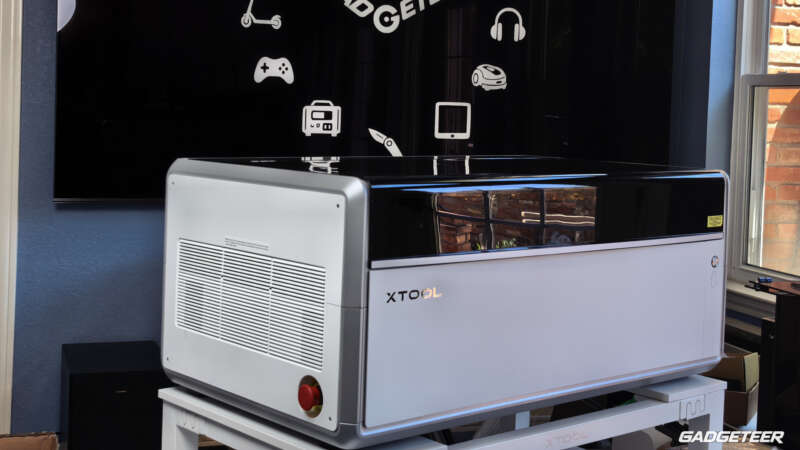 xTool X1 laser workstation on its stand in the Gadgeteer studio