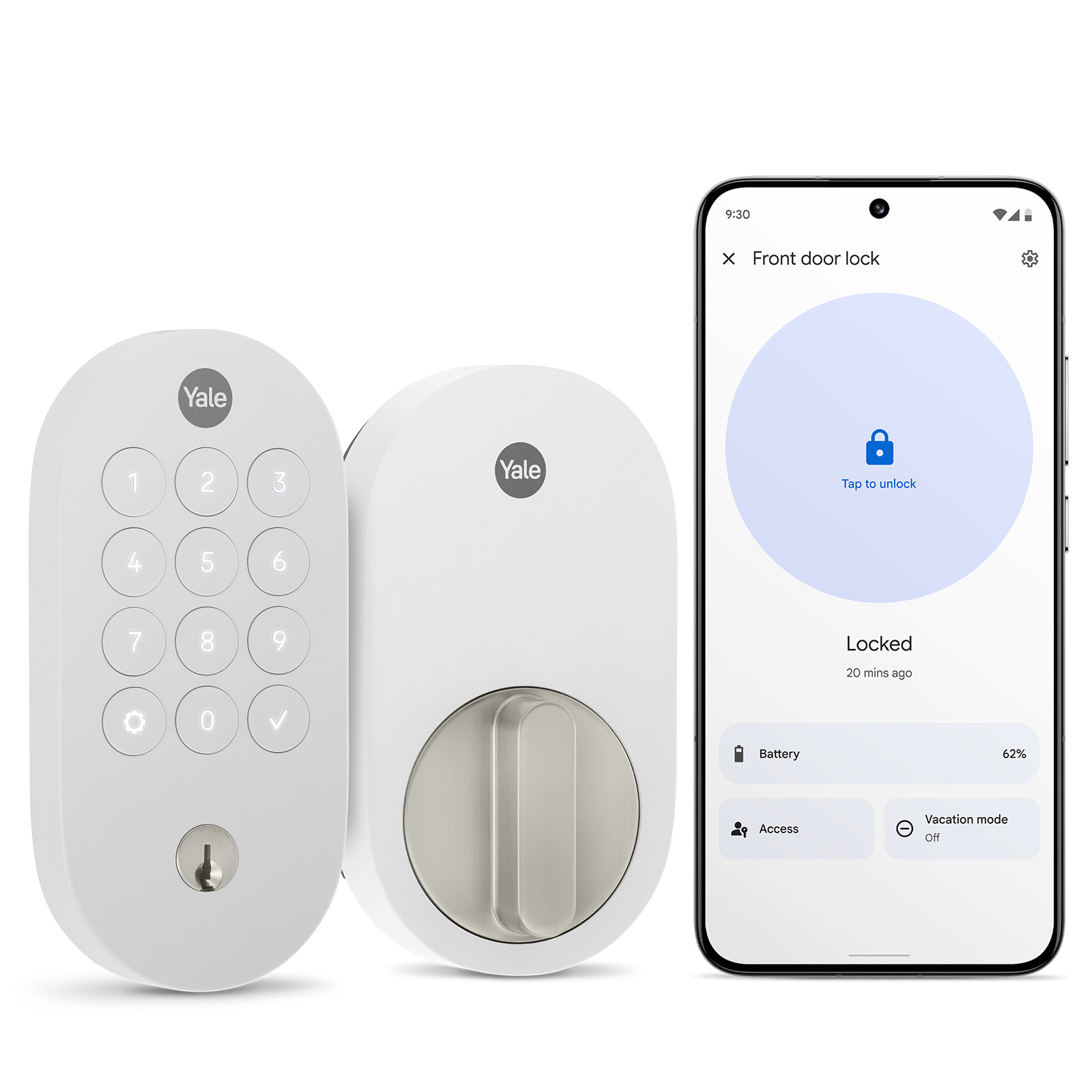 Snow Yale YRD510 Smart Lock with Matter, showing the exterior keyway, interior unit and Google Home app